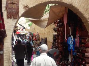 Morocco backpacker in Fes bazaar